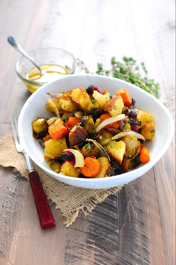 Roasted vegetables in white bowl
